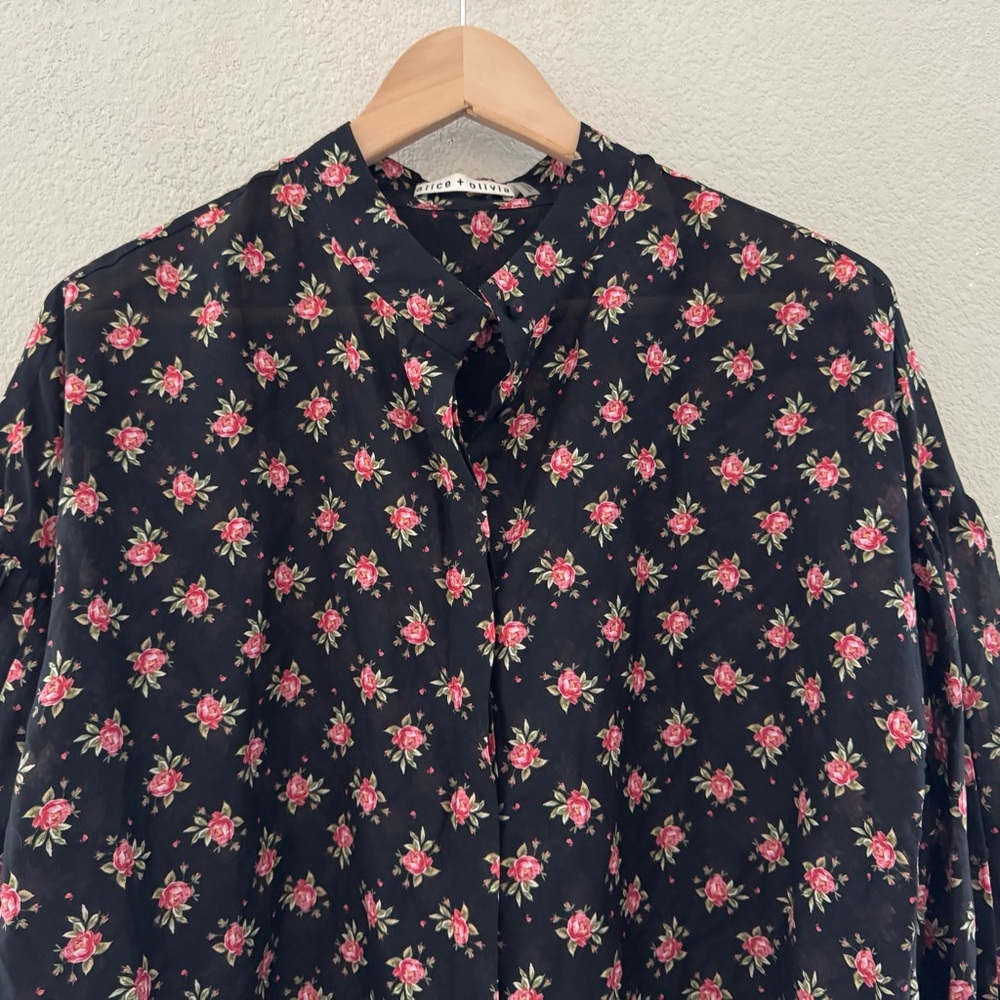 Alice + Olivia Paulita Top Med Black Pink Floral Cotton Silk Designer Feminine - Picture 7 of 12